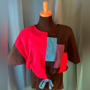 Vintage Retro IF Small Top Patchwork Bow Waist Pink Purple 80’s Shoulder Pads